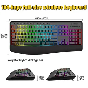 Tri-Mode Wireless Keyboard with Palm Rest - 104 Keys Full-Size RGB Backlight - Silent Quiet Keys - BT5.0/2.4G/Wired - Ergonomic Design for Mac & Windows, Office & Gaming