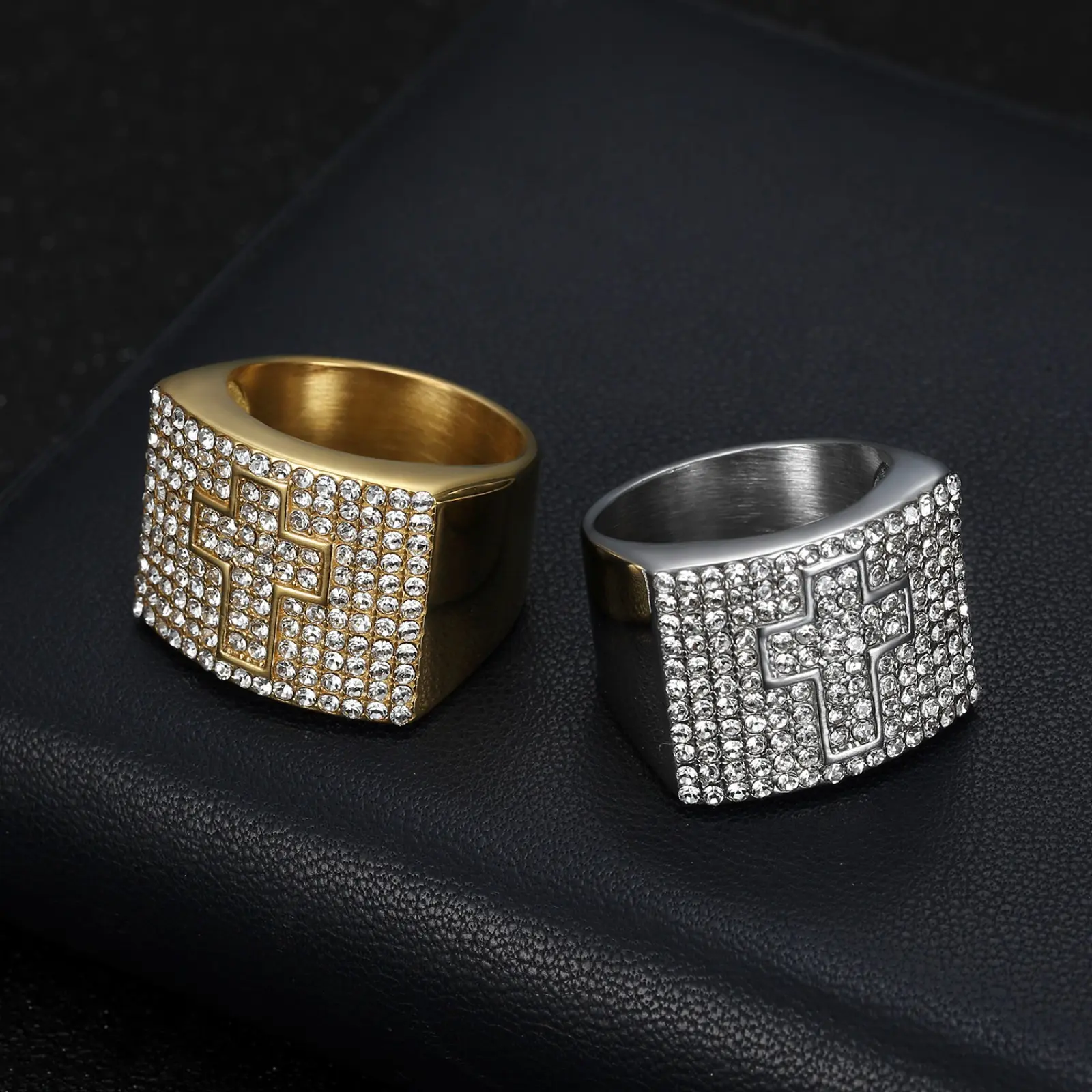 Minimalist Cross Ring for Men in Stainless Steel, Metal-Coated with a Shiny Finish and Cubic Zirconia, Elegant Modern Jewelry for Parties