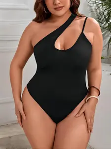Plus Size Asymmetrical Cut Out Bodysuit, Sexy One Shoulder Sleeveless Tight Fit, Y2K Dark Gothic College Style Nightclub Wear