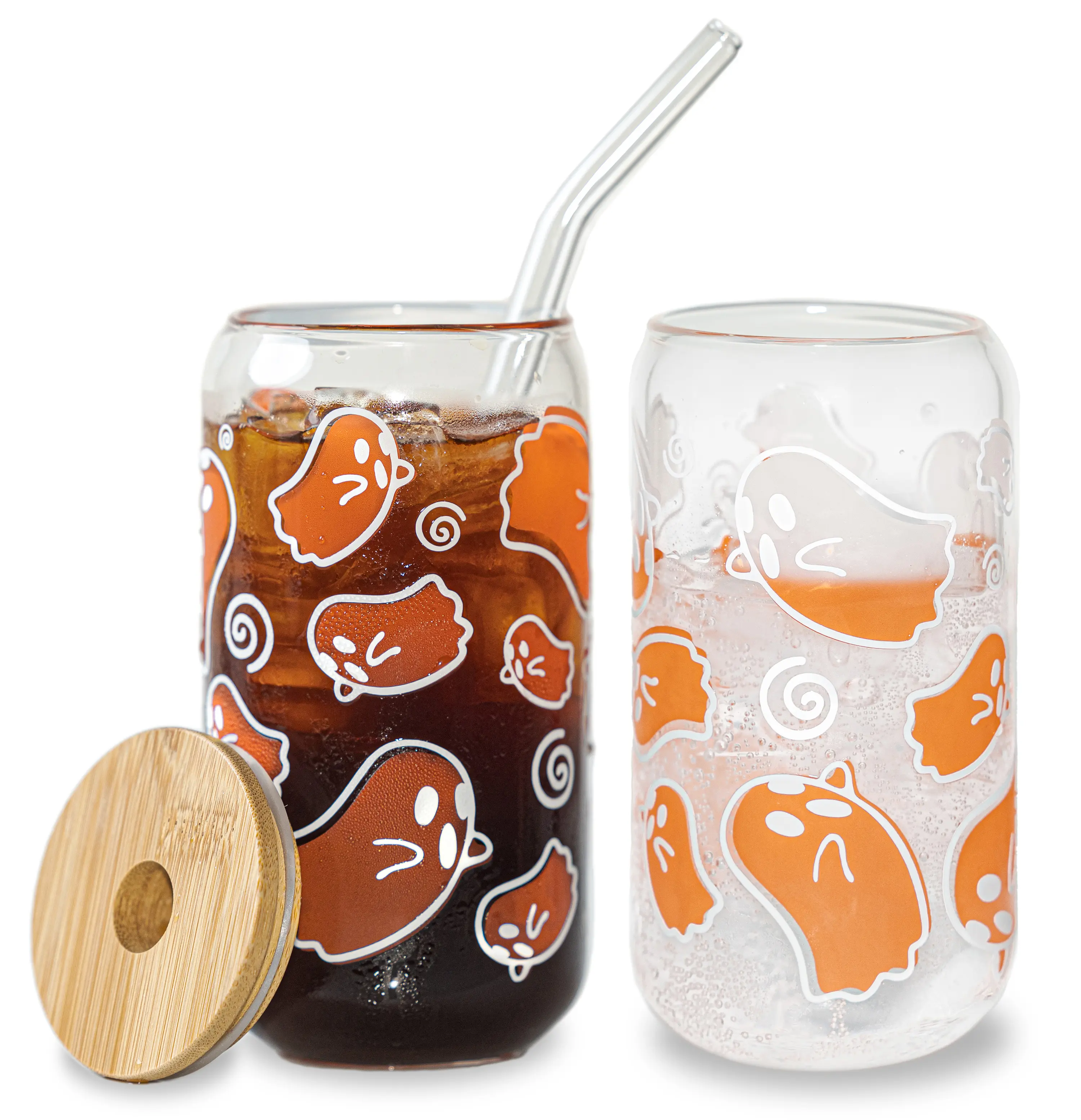 SIP-SIP HOORAY! 16oz Reusable Color Changing Ghost Glass Can Tumbler with Bamboo Lid, Straw, Straw Brush Clean - Halloween Spooky Kitchenware Drinkware Gift