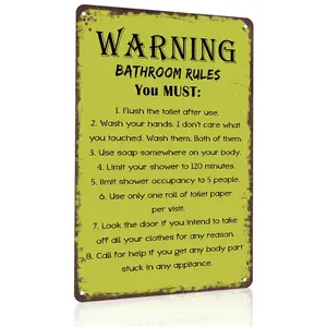 Hilarious 8x12 Inch Aluminum Metal Sign |   8 Wacky Bathroom Rules Decor |   Perfect for Home, Dorm, Airbnb, or Guest Restrooms |   Retro Rustic Tin Plaque, Easy to Hang, Great Gag Gift for Housewarming