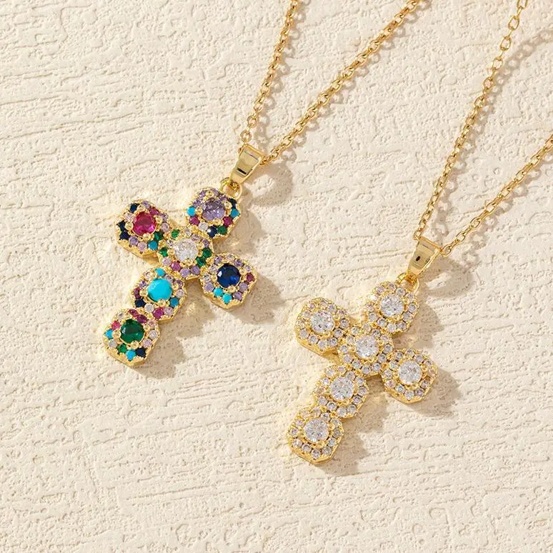 1pc Colored Synthetic Zirconia Cross Pendant Necklace for Women Jewelry Fashion Daily Gift