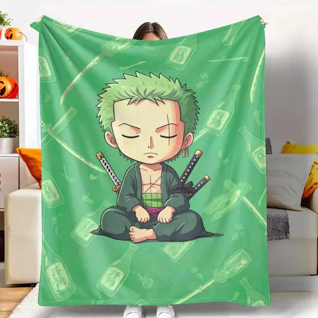 Green Samurai Flannel Blanket, Anime Swordsman Plush Flannel Blanket, Soft Cozy Throw for Sofa Bed Couch, Japanese Warrior Room Decor Gift