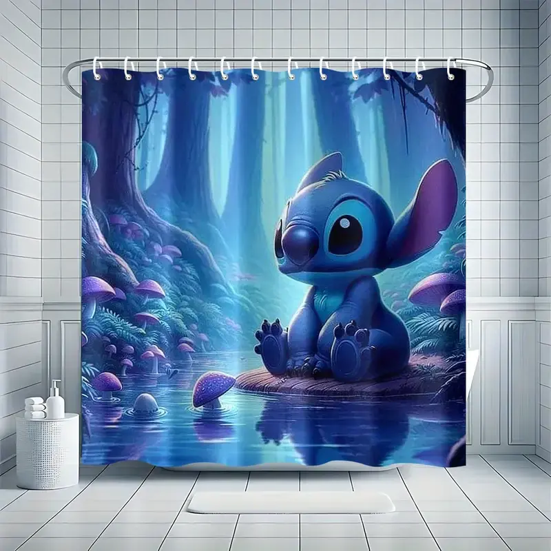 DISNEY CLASSIC Stitch Shower Curtain with 12 Hooks, Machine Washable, Easy to Clean, No Drilling, Simple Installation, Bathroom Accessory, Home Decor