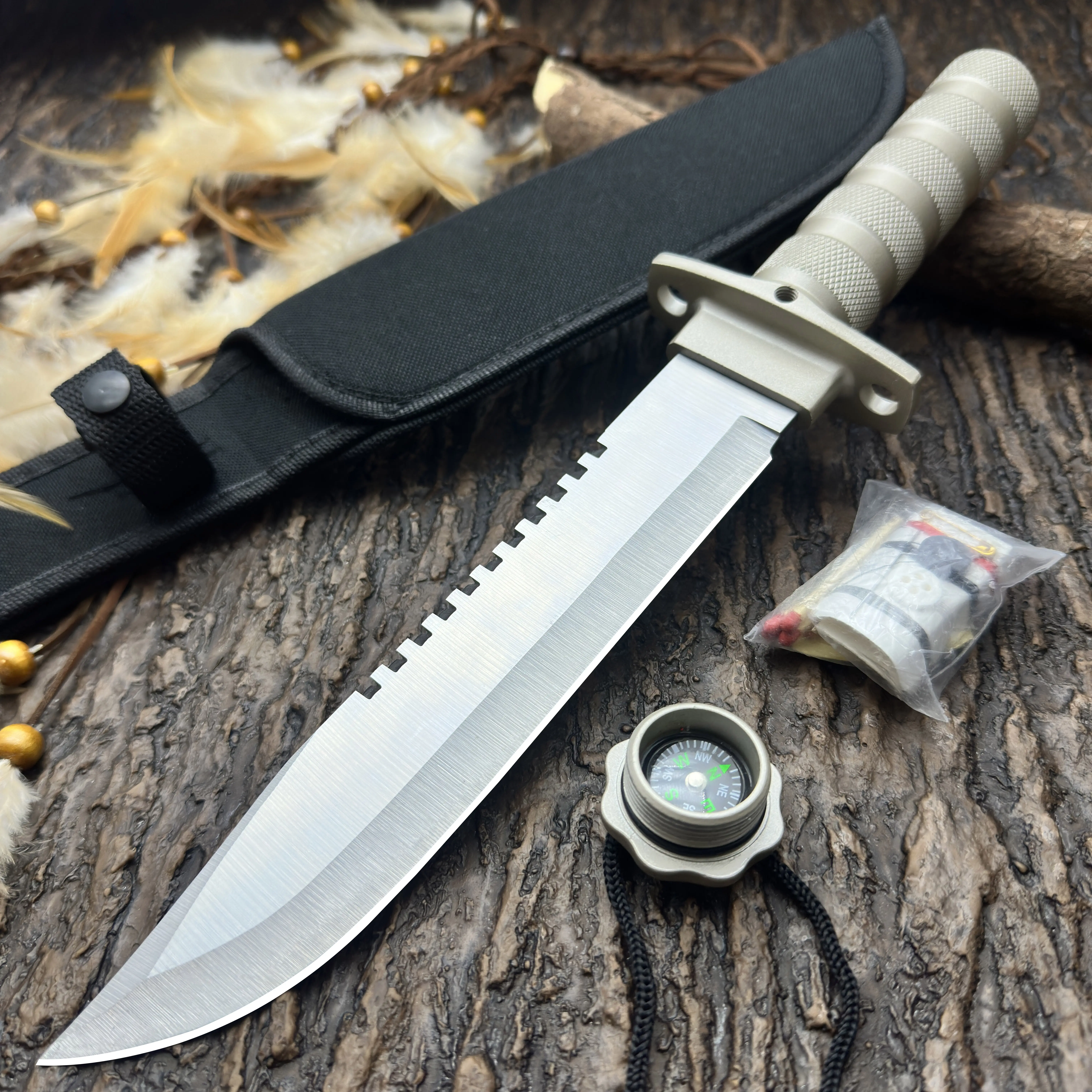 Durable Outdoor Multi-Purpose Tool Knife - Fixed Blade Camping Kitchen Gadget with Built-In Compass, Fishing Kit, Nylon Sheath | EDC Tools, Survival Supplies, Durable Outdoor Tool