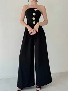 Elegant Women's Sleeveless Plain Solid Button Jumpsuit, Womenswear High Waist Wide Leg Flared Pants, Casual Fashion for All Seasons, Perfect for Dates, Parties and Evening