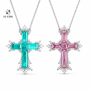 JJ CHIC Celestial Cross Necklace for Women, Emerald & Pink Baguette Crystal Pendant, Iced Out Statement Jewelry Gift