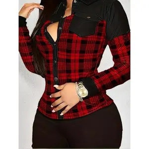 PlaidPrintButtonFrontShirt,CasualColorBlockFlapPocketsLongSleeveBlouseSpringFall,Women'sClothing