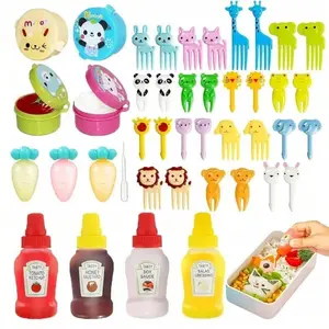 42pcs Random Color Cute Animal Themed Bento Box Accessory Set - Includes Mini Fruit & Cake Forks, Portable Ketchup & Honey Squeeze Bottles, Lunch Box Decoration Silicone Molds, Party Supplies & Gifts