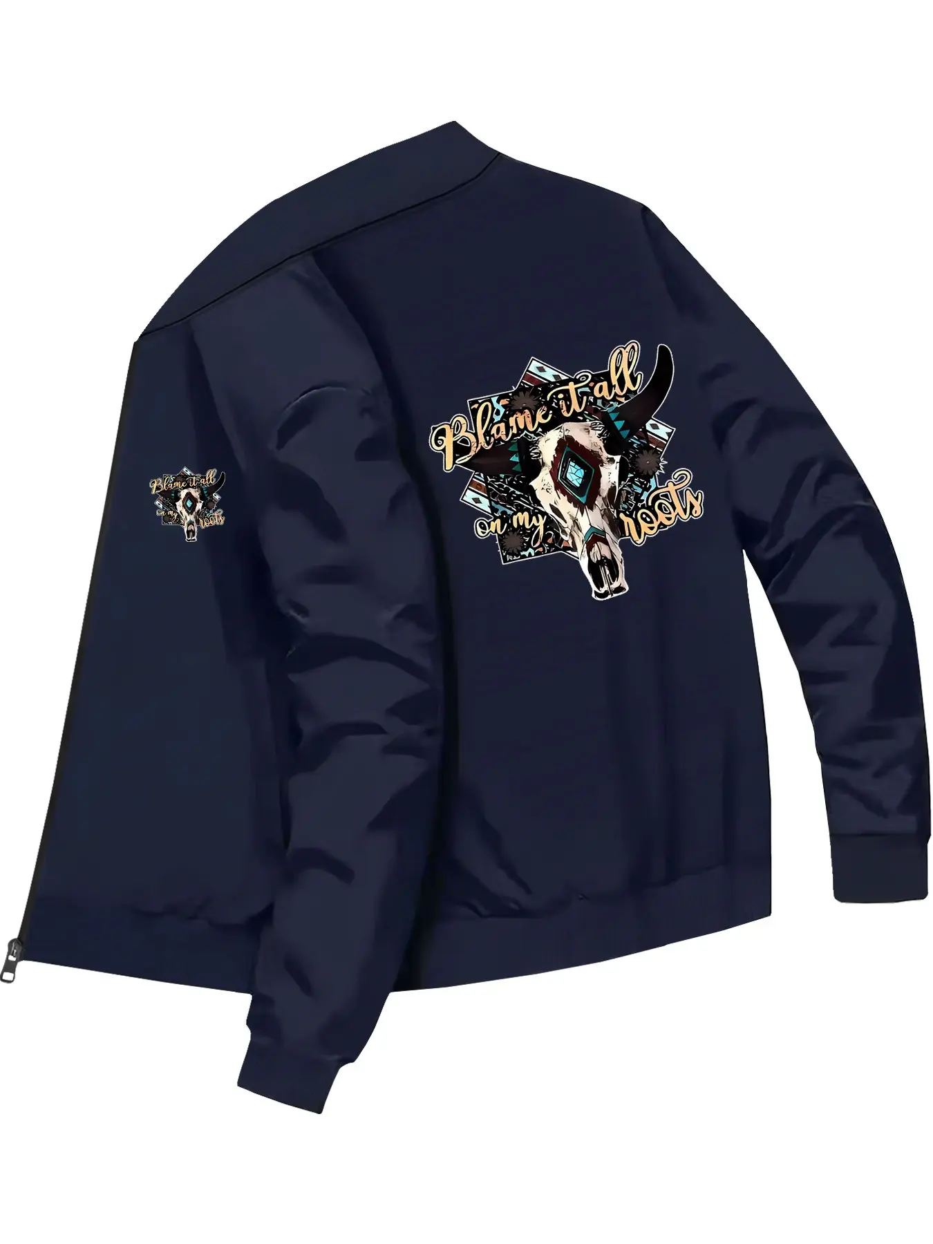 Western Style Casual Mens Bull Skull Printed Long Sleeve Bomber Jacket Streetwear Jackets Fashion Casual Outerwear for Daily Street Fashion and Trendy Outfits
