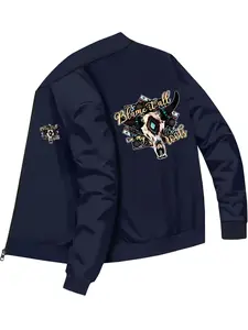 Western Style Casual Mens Bull Skull Printed Long Sleeve Bomber Jacket for Daily Street Fashion and Trendy Outfits