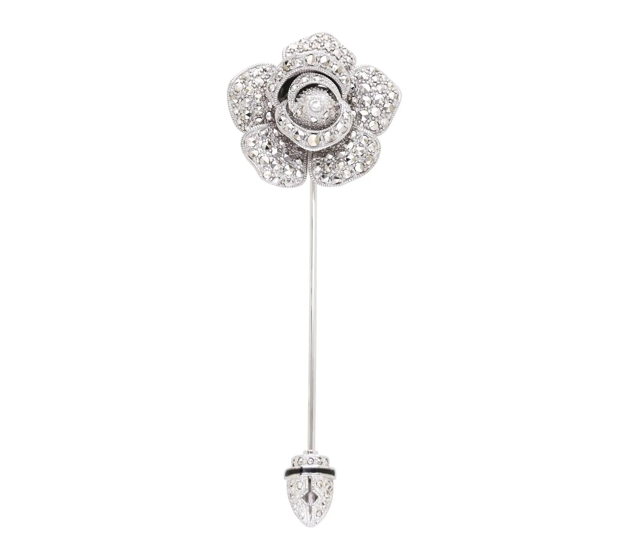 Dallas Prince Sterling Silver Chrome Marcasite Rose Stick Pin