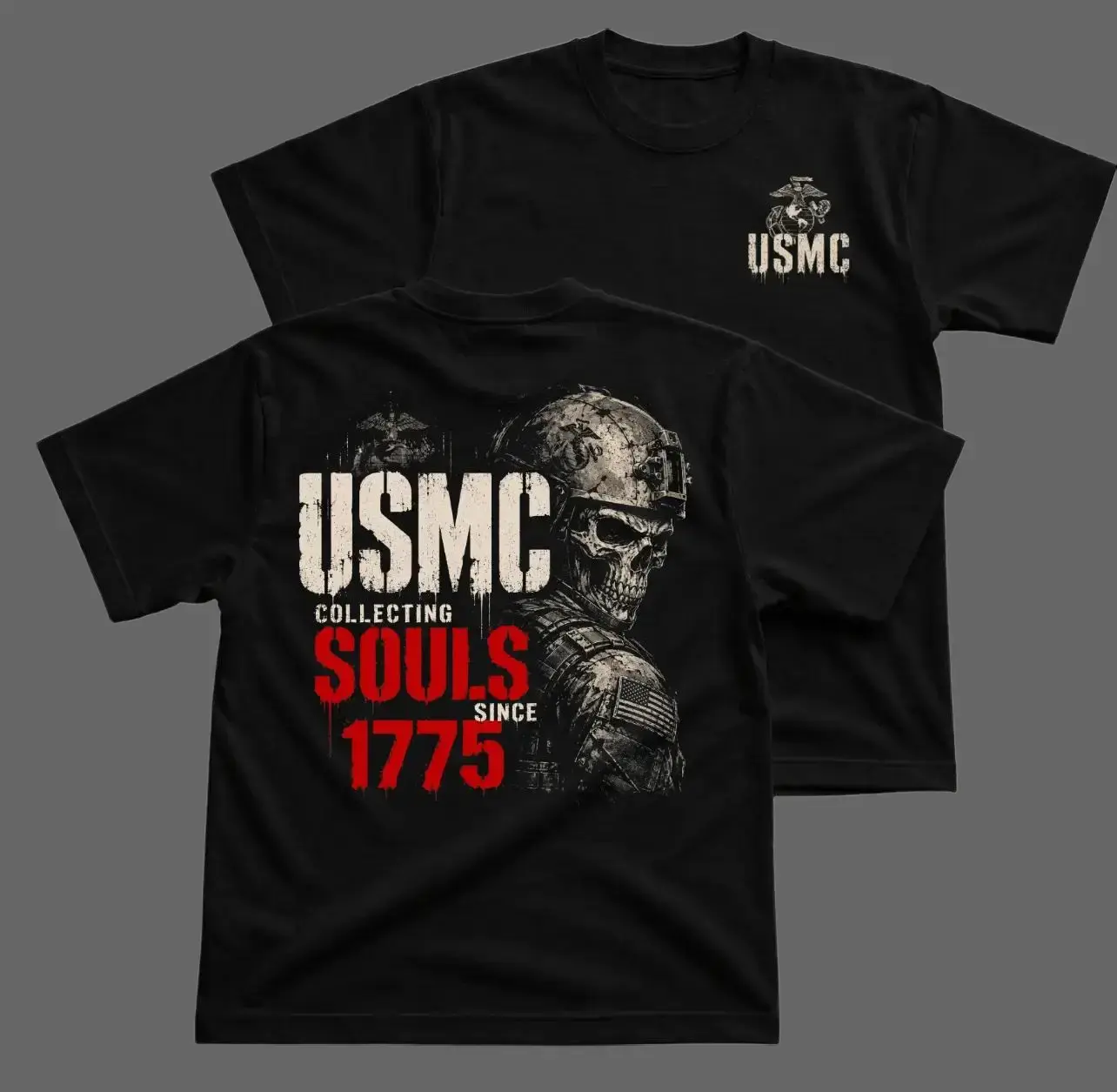 USMC Collecting Souls Since 1775 Skull Soldier T-Shirt, Military Graphic Tee With Back Print, Marine Veteran Support Shirt, Patriotic Tactical Apparel, Gift for Veterans, Active Duty, Men and Women Menswear Top Top Tshirt Streetwear Crewneck Tropical