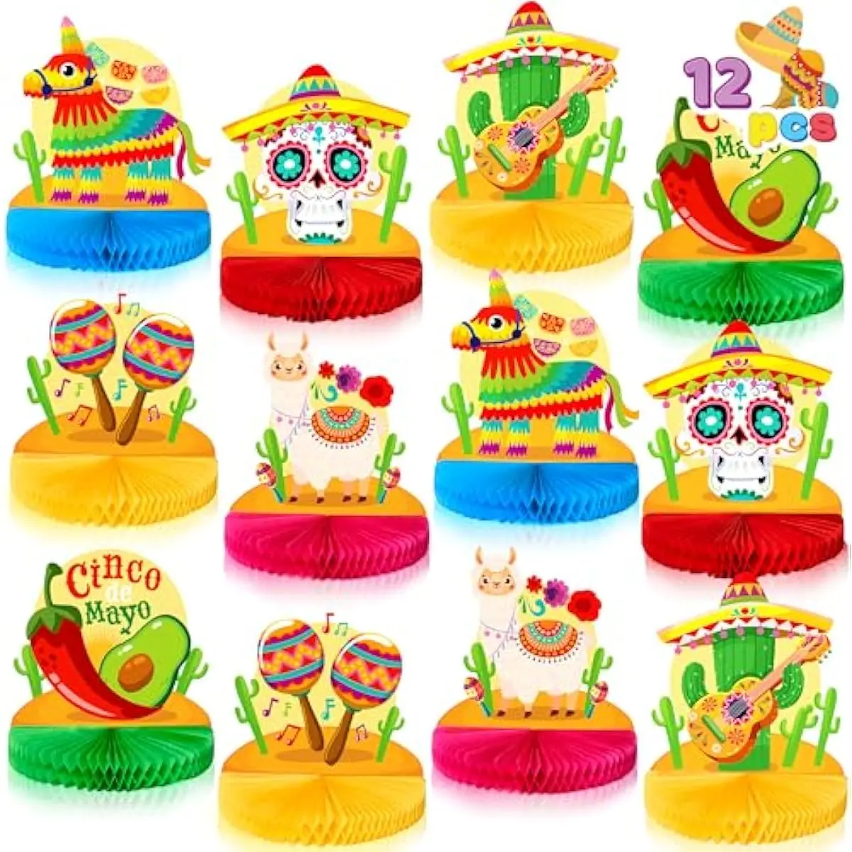12 PCS Cinco de Mayo Honeycomb Table Centerpieces, Fiesta Honeycomb Table Set, Mexican Flair Decorations for Fiesta Taco Bar Party Decor, Luau Event Photo Props, Taco Tuesday Event