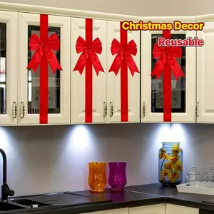 2-piece/4-piece Christmas Decoration Bow and Ribbon Set - Includes Double-sided Tape, No Assembly Required, Perfect for Seasonal Holidays, Reusable Non-electric Door and Cabinet Decoration Home Ornaments