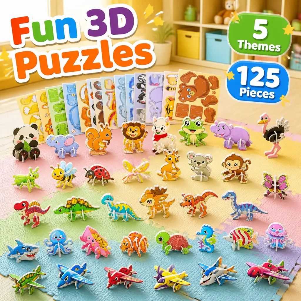 125PCS 3D Puzzle Set for Kids | Montessori STEM Learning Toys, DIY Educational Craft Kit, Animals Dinosaurs Ocean Aircraft & Insects, Screen Free Activities, Fine Motor Skills, Birthday Gifts for Boys & Girls Ages 3-8