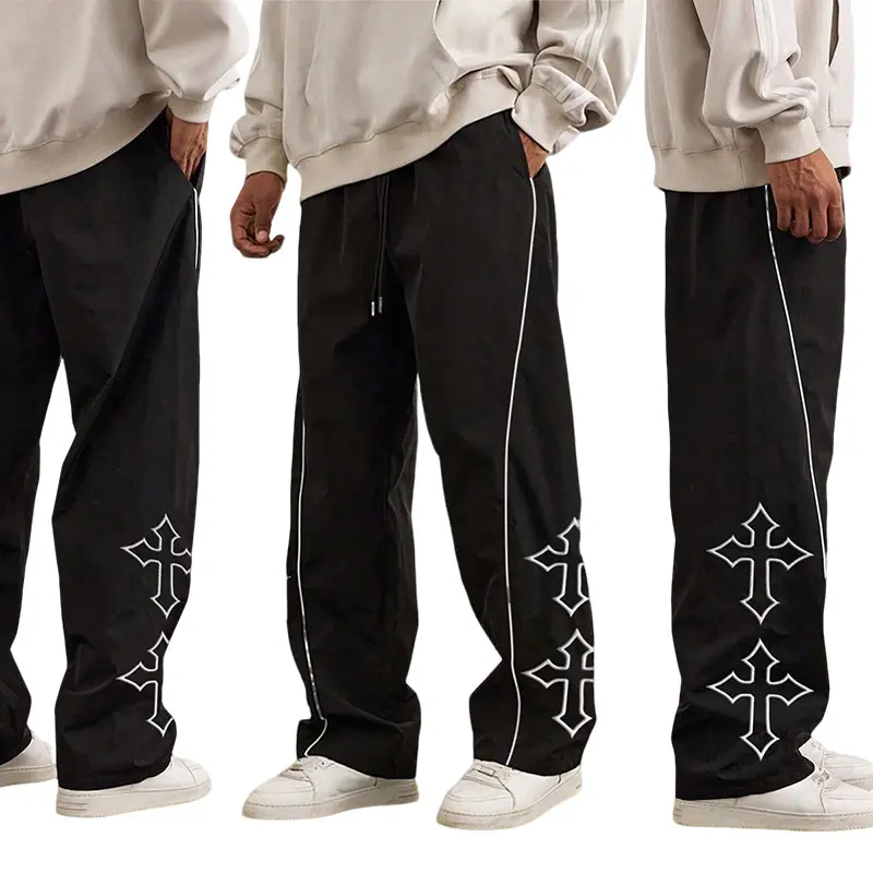 Men’s Gothic Streetwear Wide-Leg Sweatpants - Cross Print, Black Denim, Solid Color, Stripe, Baggy Loose Fit, Quick Dry, Casual Fashion Sport Trousers for Summer Vibes