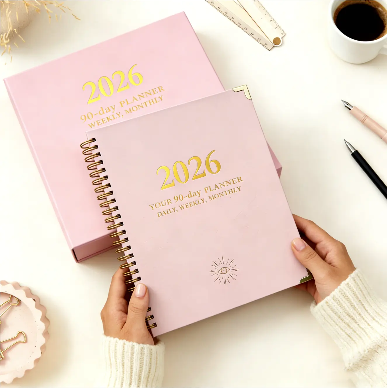 2026 90-Day Weekly & Monthly  Organizer Journal Spiral Planner Elegant Pink with Gold Accents, 3 Stickers, Vision Board & Mind Mapping to Increase Productivity, Time Management and Hit Your Goals, Gift for Her