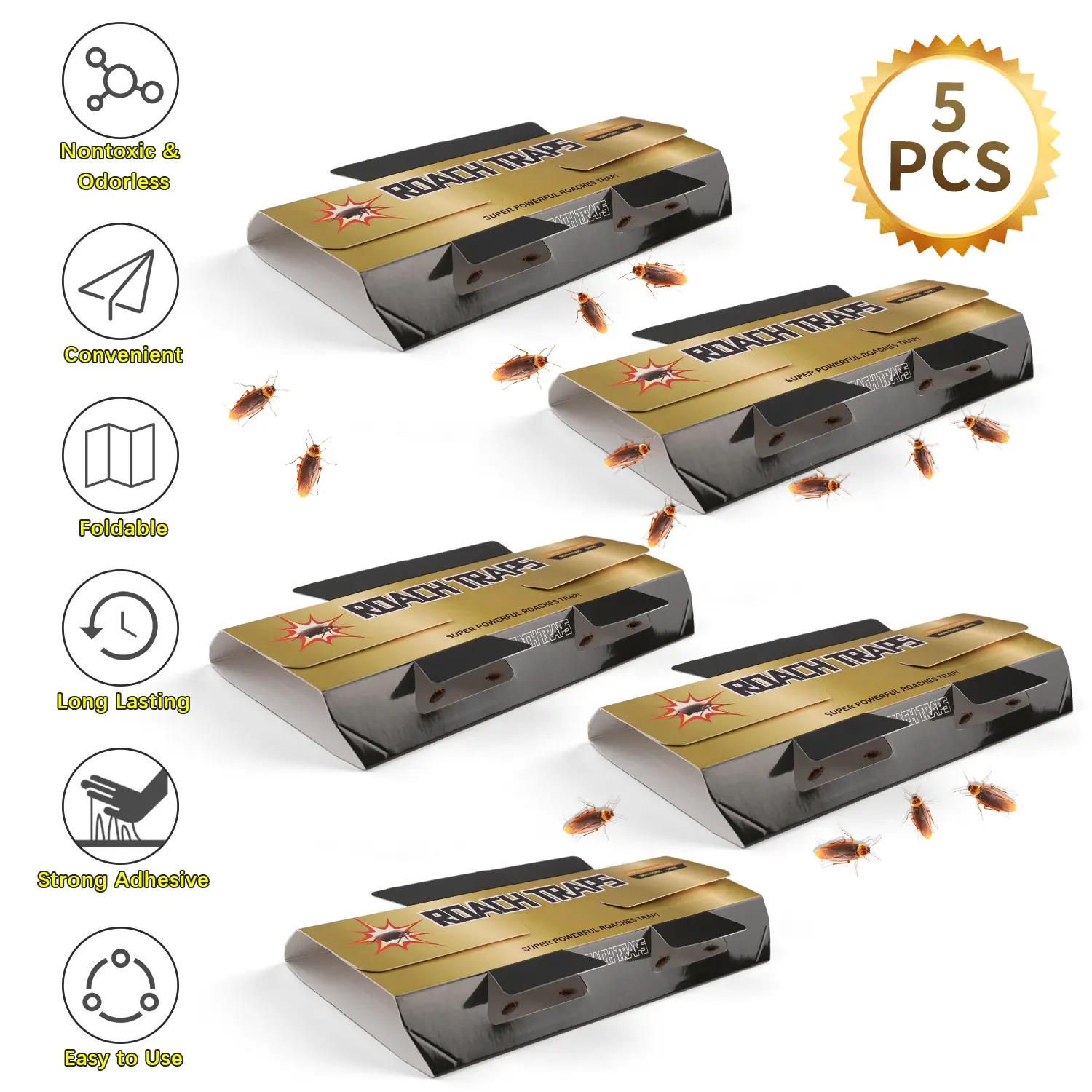 5-Pack Roach Glue Trap Set, Eco-Friendly Non-Toxic Kids Safe Indoor Bait Traps, Household Pest Catcher for Home & Motel, Roaches
