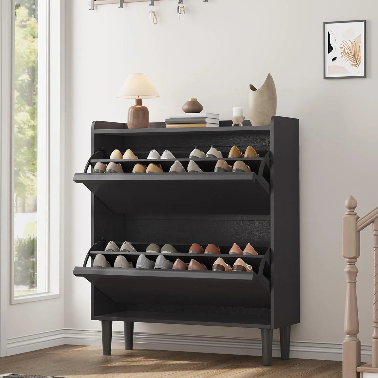 Wooden Entryway Cabinet with Shoe Rack Shelf - Modern, Warm Inviting Tones, Sturdy, 2 Flip Drawers, Adjustable Shelves, Dual-Drawer Access, Hidden Compartments, Waterproof, Wall-Mountable, 34.5”L x10.5”W x37.5”H, Assembly Required for Hallway, Wall Mount
