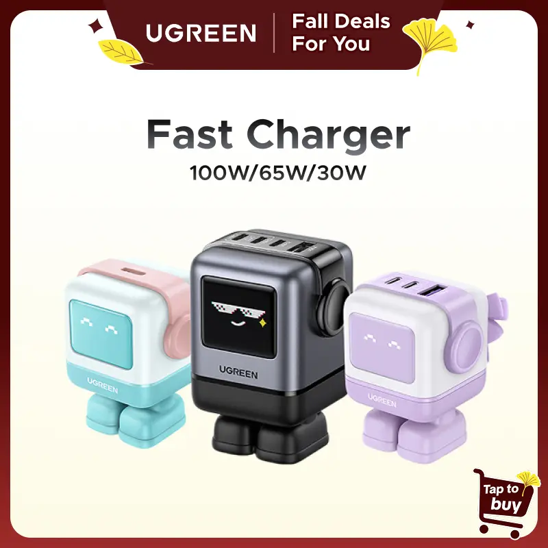 UGREEN Uno Robot GaN Super Fast Charging Electronic Travel Charger Block - US Plug 3/4-Port USB-C (100W/65W/30W) PPS PD3.0 Type C Portable Mobile/Smartphone Charger, 24-Month Support, for iPhone 17-14 Pro Max, MacBook Air
