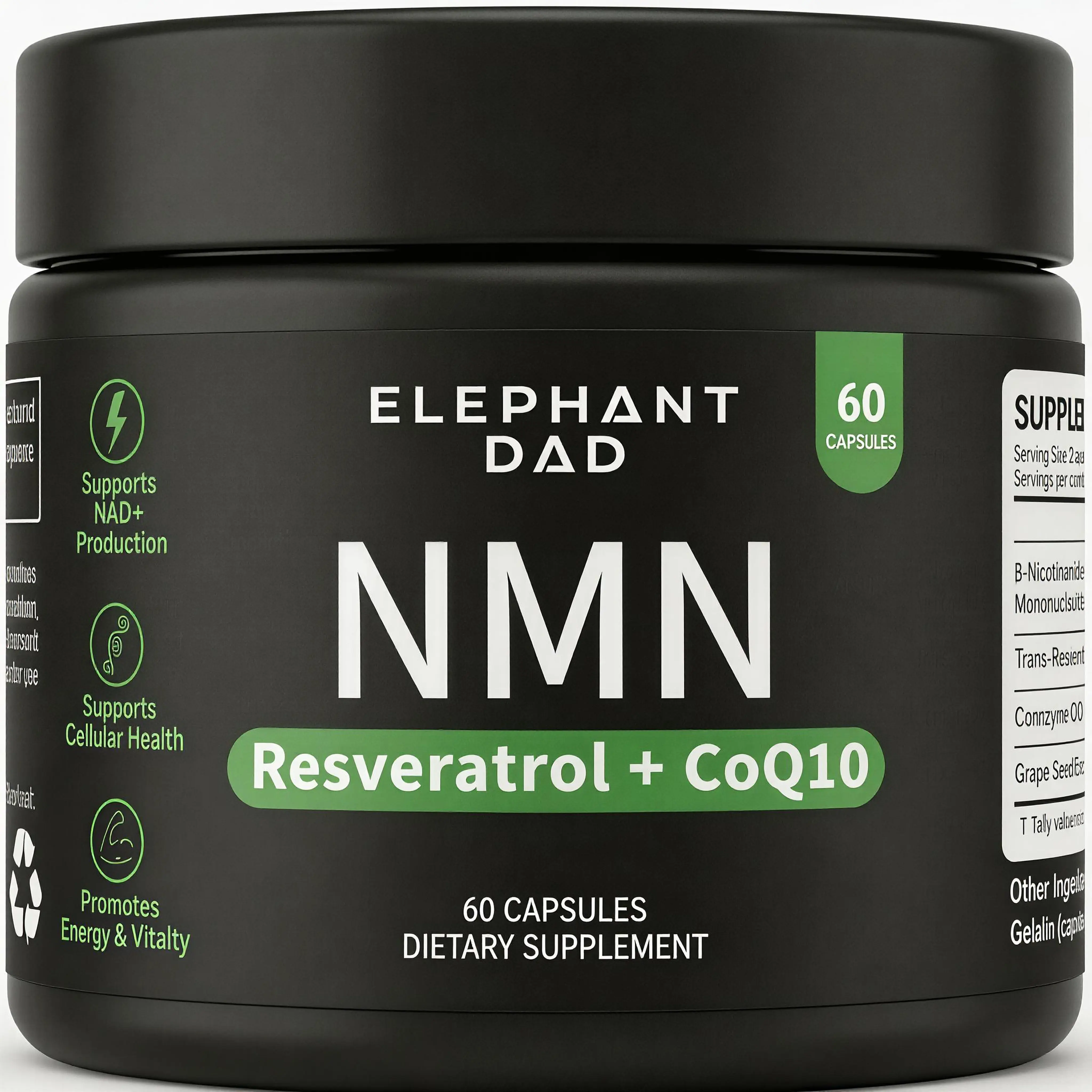 NMN Supplement with Resveratrol & CoQ10 by Elephant Dad - NAD Plus Booster for Cellular Energy & Mitochondrial Support - Anti Aging NAD Supplement for Men & Women - 60 Capsules