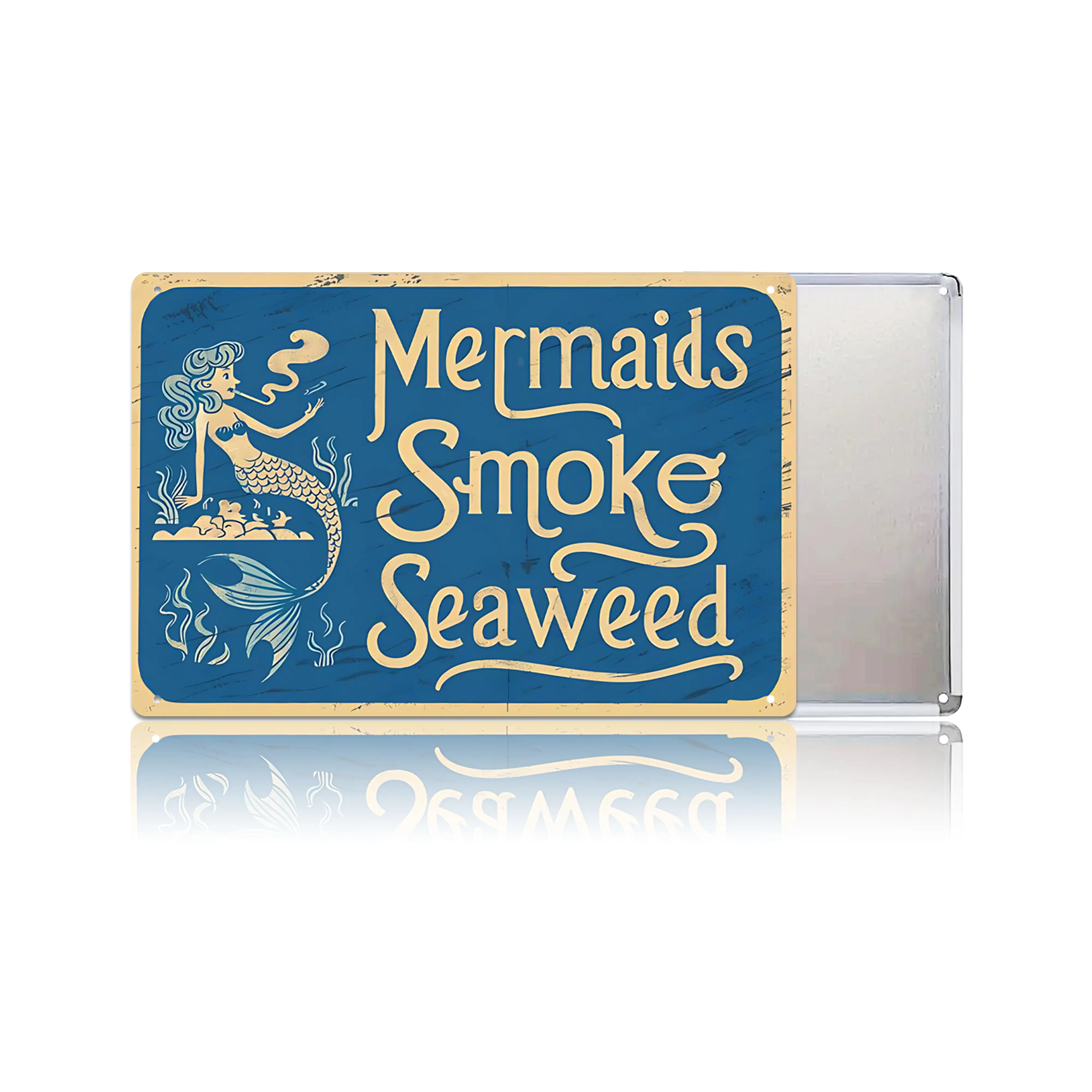 Vintage "Mermaids Smoke Seaweed" Lightweight Rectangle Tin Sign - Nautical Coastal Decor Plaque, Long Lasting Hanging Wall Art, Sparks Conversation Adult Gift Home Supply