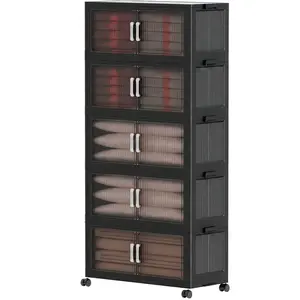 5-Tier Stackable Plastic Storage Bins with Lids - Collapsible Rolling Closet Organizers for Aerobics Space, Living Room, Office