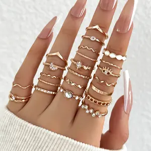 23-Piece Set Simple round Stacking Ring Diamond Moon Star White Drop Oil Ring Geometric Wave Multi-Piece Ring