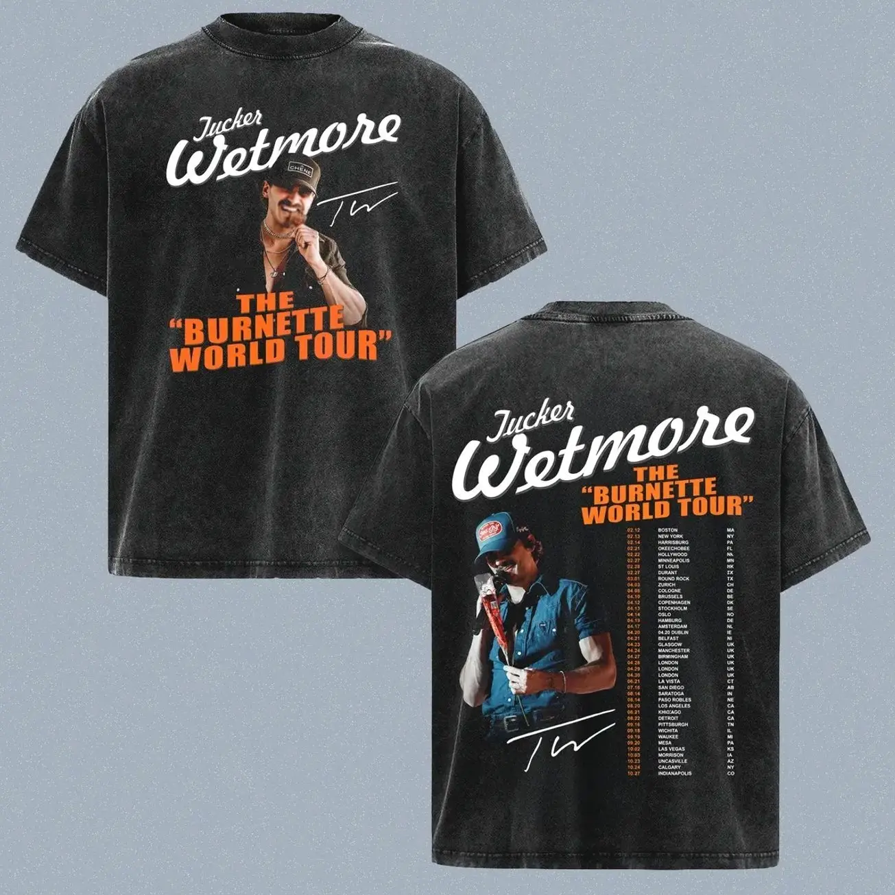 Tucker Wetmore Burnette World Tour 2026 Vintage Washed T Shirt, Country Music Concert Tour Dates Tee, Double Sided Graphic Shirt, Nashville Western Cowboy Fan Gift, Oversized Heavyweight Unisex Country Tour Merch Tee 6CK