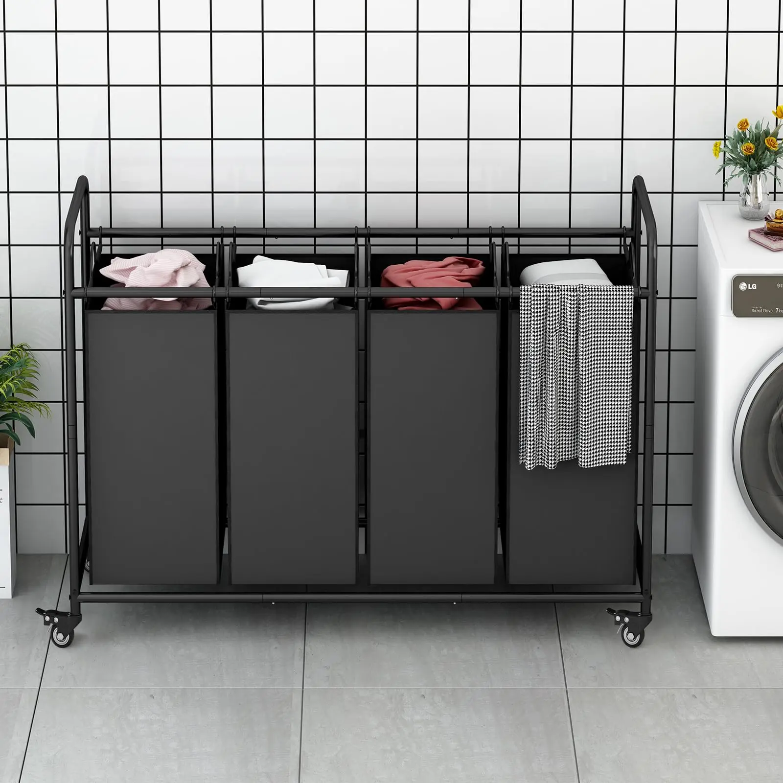 Laundry Sorter 4 Section, Laundry Hamper with Wheels, Laundry Basket Sorter, Laundry Separator Hamper, Laundry Divider Hamper, 4 Bag Laundry Hamper with Wheels and Removable Bags Metal Organiser