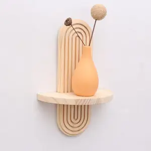 Bohemian Style Wooden Wall Shelf with Rainbow Candlestick, Eco-Friendly Recycled Wood Storage & Display Rack for Home Decoration