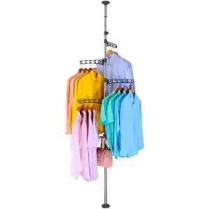 4-Tier Standing Clothes Laundry Drying Rack Coat Hanger Organizer Floor to Ceiling Adjustable Metal Corner Tension Pole, Grey
