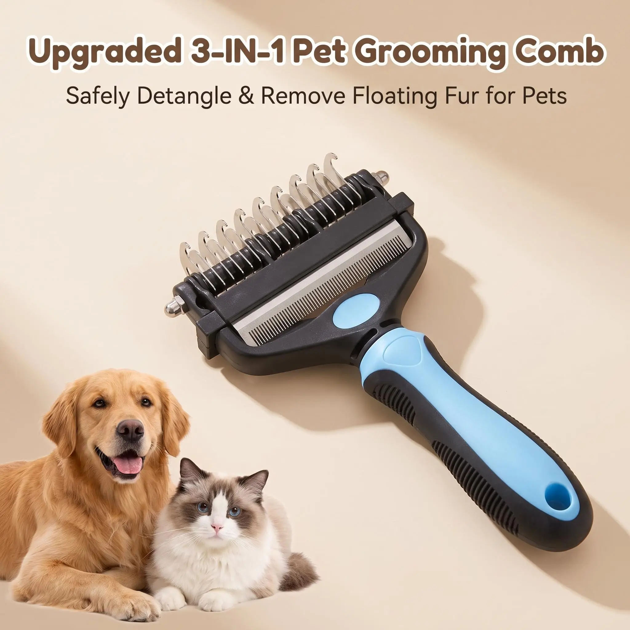 Upgraded Pet   Deshedding  Grooming,brush-double side hurtless Rake with Rounded Blades,1-Click Clean,Universal Fit for Long-Haired Dogs&Cats,Daily Beauty/Hair Care to Detangle Mats,Reduce Loose Hair,Extra-Wide Mess-Free cepillo paramascotas easy removal