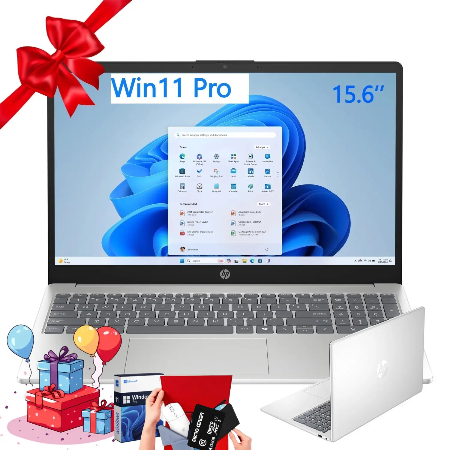 HP D1523 15.6-Inch HD Screen AI Laptop with AI Support - Intel Core Ultra 5 225U, Up to 32GB RAM, 1TB SSD, Windows Pro, Natural Silver, Included Business Use Accessory Bundle