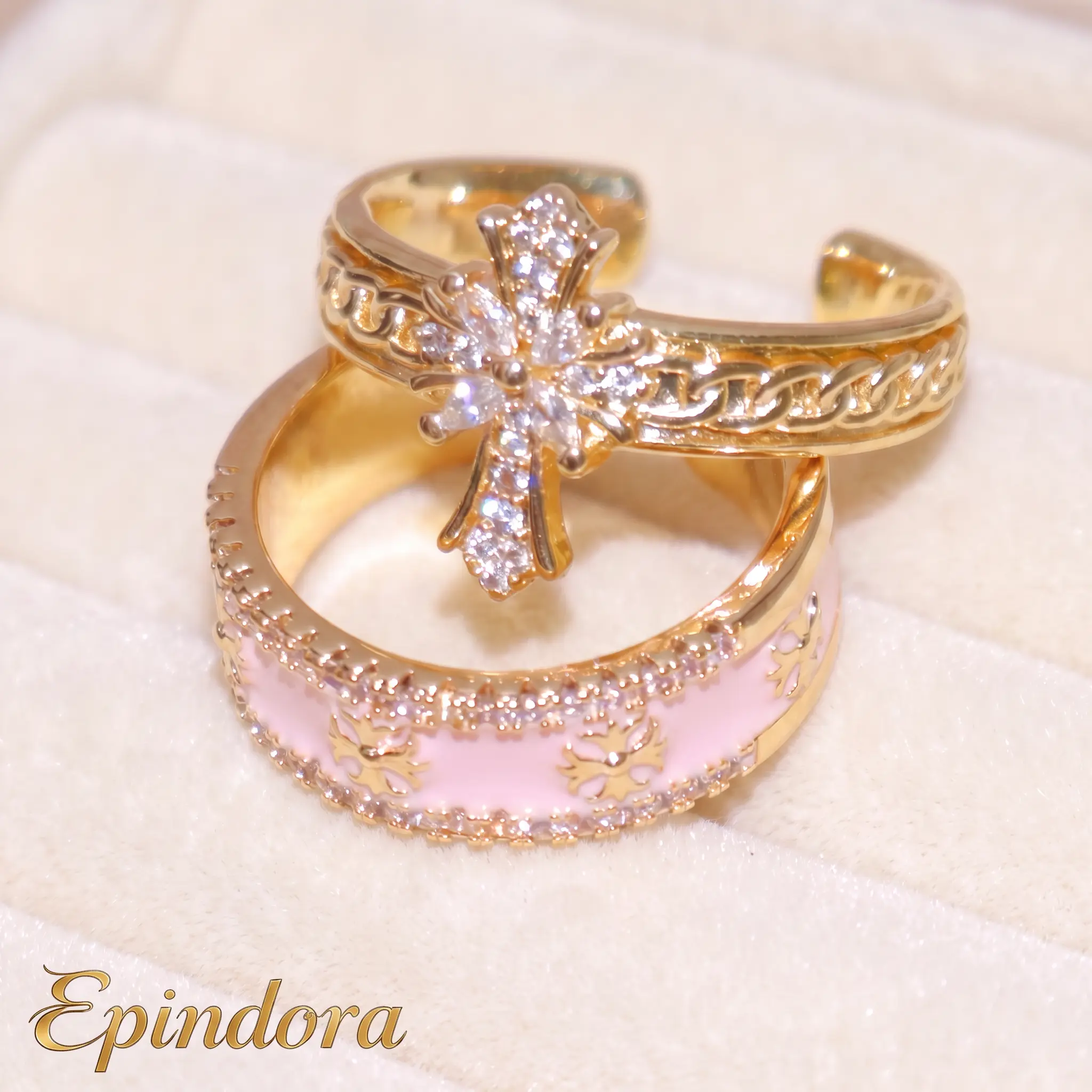 Women's Epindora Gold-Tone Fully Paved Zircon Copper Alloy CZ Cross Enamel Rings Set, 2-Piece Open Adjustable Trendy Gold Rings, Sweet Female Jewelry for Everyday Wear