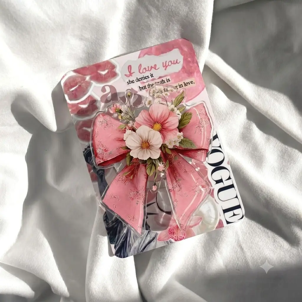 Pink Bow Phone Grip, Coquette Aesthetic Floral Ribbon Phone Stand, Cute Acrylic Flower Griptok, Vintage Retro Magazine Collage Phone Holder Loop