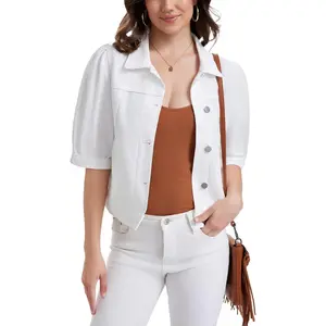 Women's Jean Jacket Cropped Short Puff Sleeve Trendy Denim Jackets with Pockets