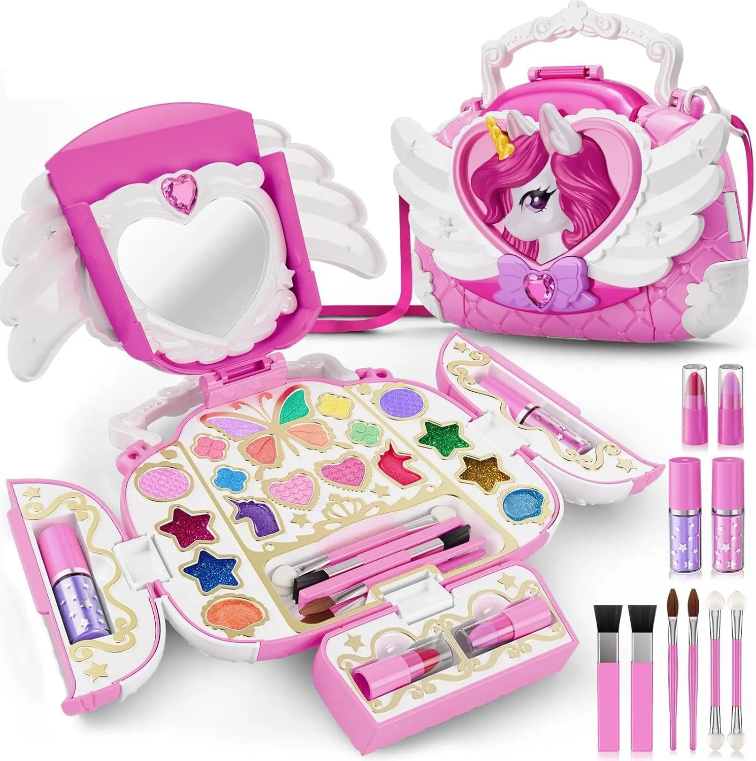 Unicorn Kids Makeup Kit with Mirror & Strap – Washable Girls Makeup Set, All-in-1 Unicorn Cosmetic Purse, Pretend Play Princess Makeup Toys, Birthday Gift for Girls Ages 3-12