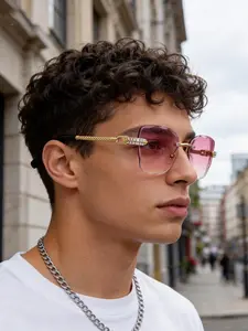 Square rimless metal cut-out sunglasses, Summer sunglasses, elegant and sophisticated design. Unisex. Perfect for travel, beach, weddings, road trips, street photography, music festivals, parties, driving, gifting, decoration.