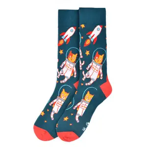 Parquet Men’s Space Cat Novelty Crew Socks – Navy