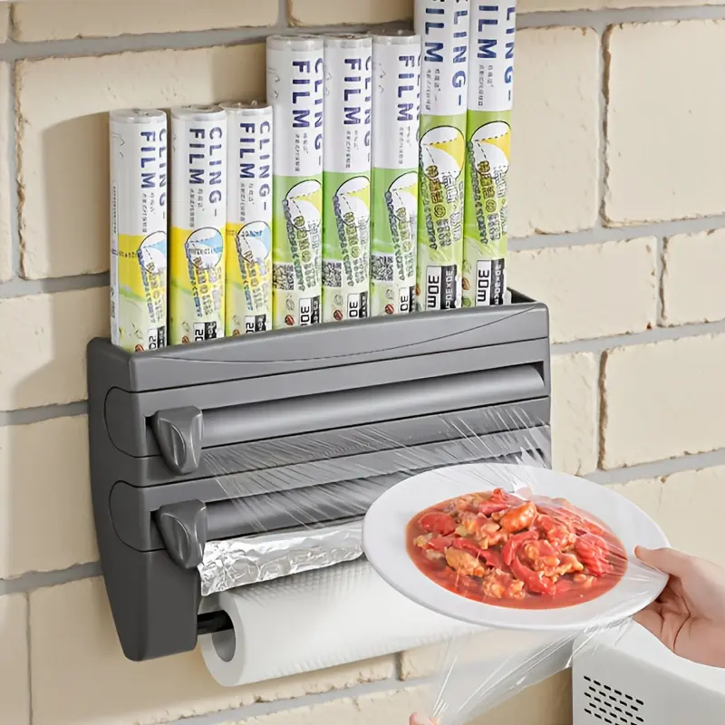 Gray 4-in-1 Kitchen Storage Rack with Knife Organizer, Foil & Plastic Wrap Dispenser, Tissue Box and Spice Rack, Space-Saving Kitchen Organizer