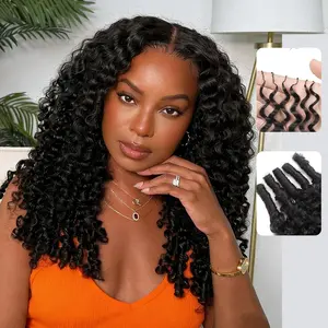 Feather Crochet Human Hair 18 Inch 50G Burmese Curly Knotless Pre‑Separated Invisible Crochet Bundles Lightweight Reusable Hair Extensions for Women Natural Black