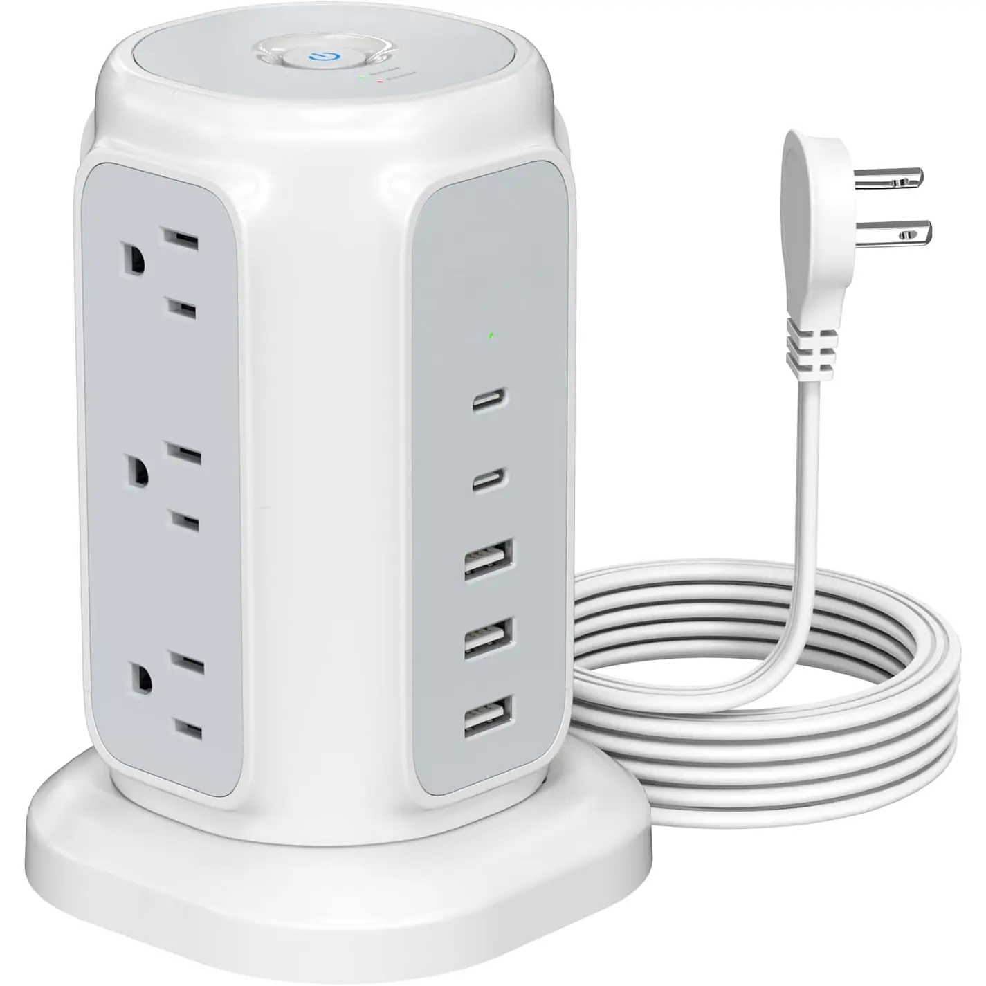 Flat Plug Power Strip Tower with 9 Outlets and 5 USB Ports (2 USB-C), 1200J Surge Protection, 1625W Extension Cord with Multiple Outlets  Station for  Dorm Office Supplies