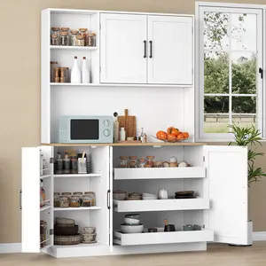 Tall Kitchen Pantry Cabinet, Storage Cabinets with Hutch & Door Shelves & Microwave Coffee Stand and 3 Pull-out Drawers, Pantry Organizer for Dining Room, Living Room