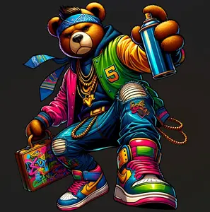 Street Style Ready to Press Heat Transfer DTF Transfer - Direct to Film with Trendy Bear Design and Colorful Accessories