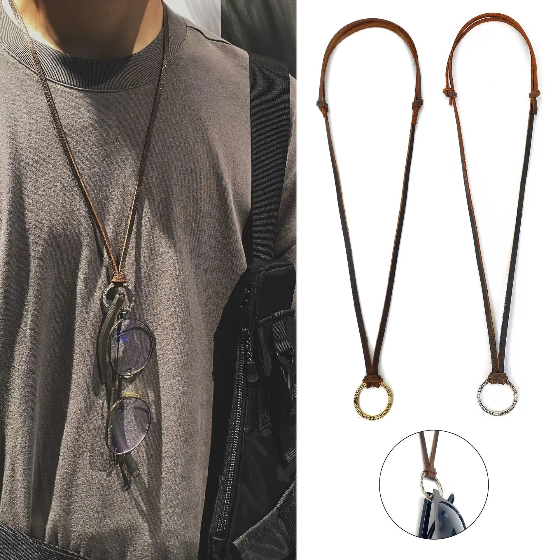 Adjustable genuine leather and cowhide necklace for hanging sunglasses or glasses cord