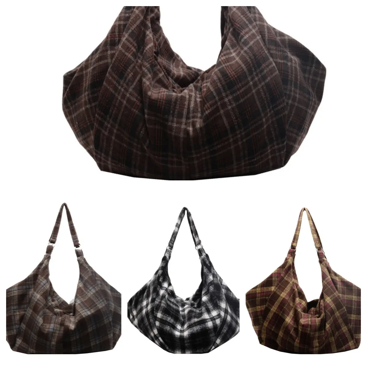 Women's Casual Retro Plaid Woolen Hobo Bag - Large Size, High-Capacity Oversized Shoulder Tote with Adjustable Shoulder Strap for Daily Commute & School, Woolen Fabric, Shoulder Bag, Adjustable Strap