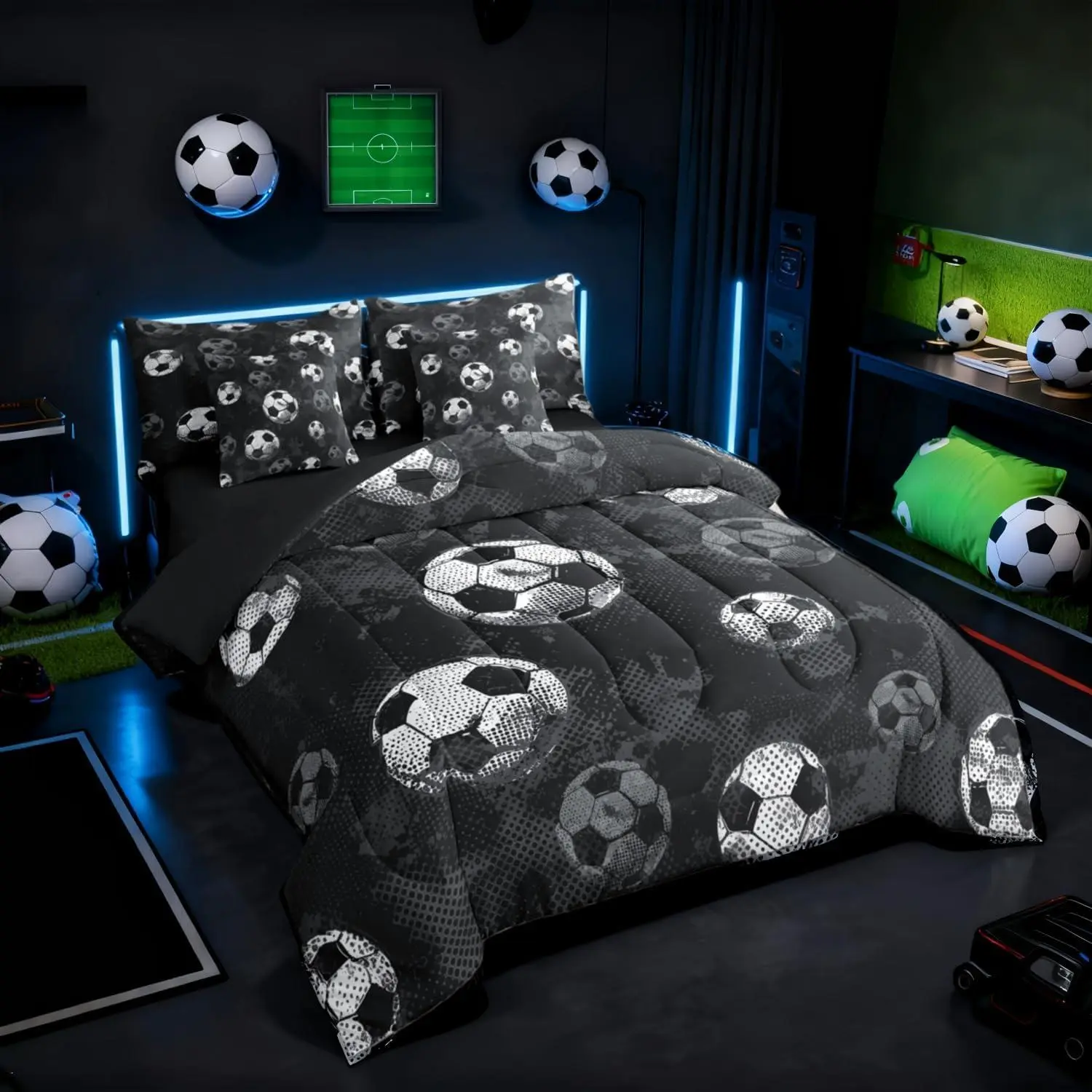 Feelyou 7-Piece Breathable Microfiber Luxe Soccer Comforter Bedding Set - Sheets, Pillowcases, Football Print Sports Theme, Multi-Size for Kids, Ideal for Father’s Day, Halloween, Thanksgiving Housewarming Gifts