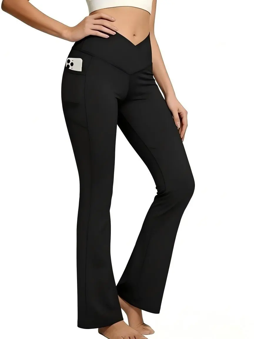 Women's High-Waisted V-Cross Flare Leggings with Pockets - Athleisure Athletic Pants for Yoga, Fitness Training (Flare Leggings Women Deals), Female Stylish Clothes, Criss Cross, Pocketed, Yoga Pants Deals, Sporty Chic